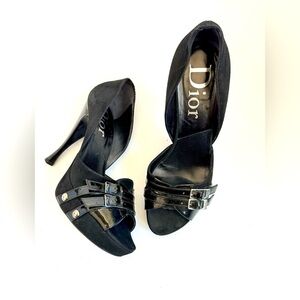 Christian Dior Black Suede Patent Leather logo buckle D’orsay heels Vintage EU38